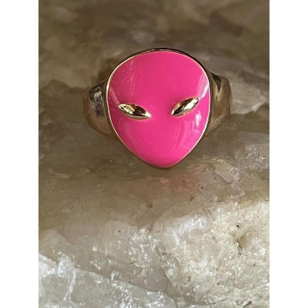 New Pink & Gold Titanium Alien Outer Space Sci-Fi Statement Band Ring - Size 6